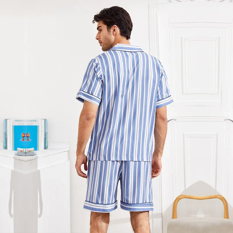 Cozok Ice Silk Silk Men's Pajamas Summer Short Sleeve Shorts Striped Two-Piece Homewear Suit silk pajamas men