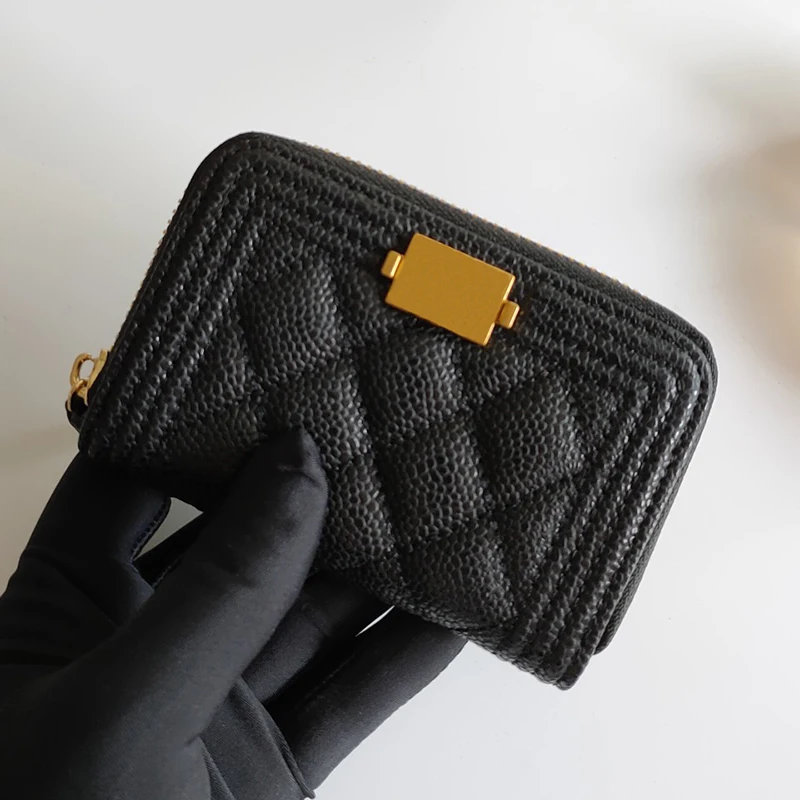 

Woman Wallets Luxury Designer Cowhide Credit Card Case Caviar Genuine Leather Card Holder Zipper Short Sheepskin Coin Purse