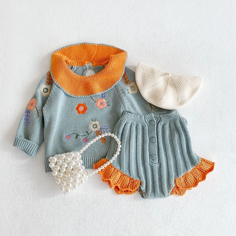 Autumn Infant Baby Girls Clothes Suit Knitted Embroidered Lotus Leaf Collar Top+Lace Pants 2Pcs Toddler Baby Girls Sweater Sets