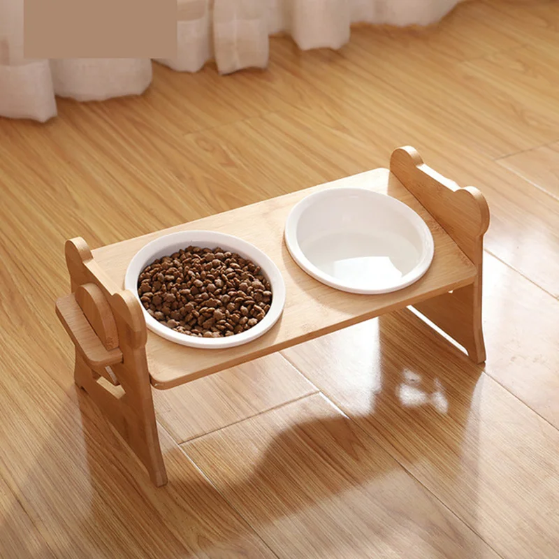 

Двойная миска для кормления домашних кошек с бамбуковой рамкой, защита шейного отдела позвоночника, наклонная настольная подставка для домашних животных, конструкция с болтами, многофункциональная Регулируемая миска