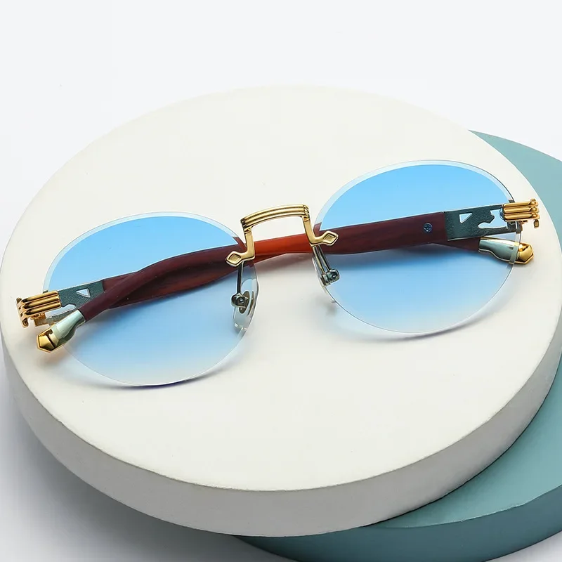 

Rimless Diamond Sunglasses Wooden Frame Eyewear Luxury Brand Design Women Men Small Round Sun Glasses for Male Traveling 2023