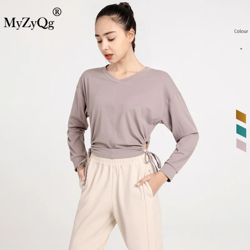 

Upgraded Fabric Nude Feeling V Neck Slimming Yoga T-shirts Sports Fitness Women Long Sleeve Loose Running Workout Crop Top Shirt