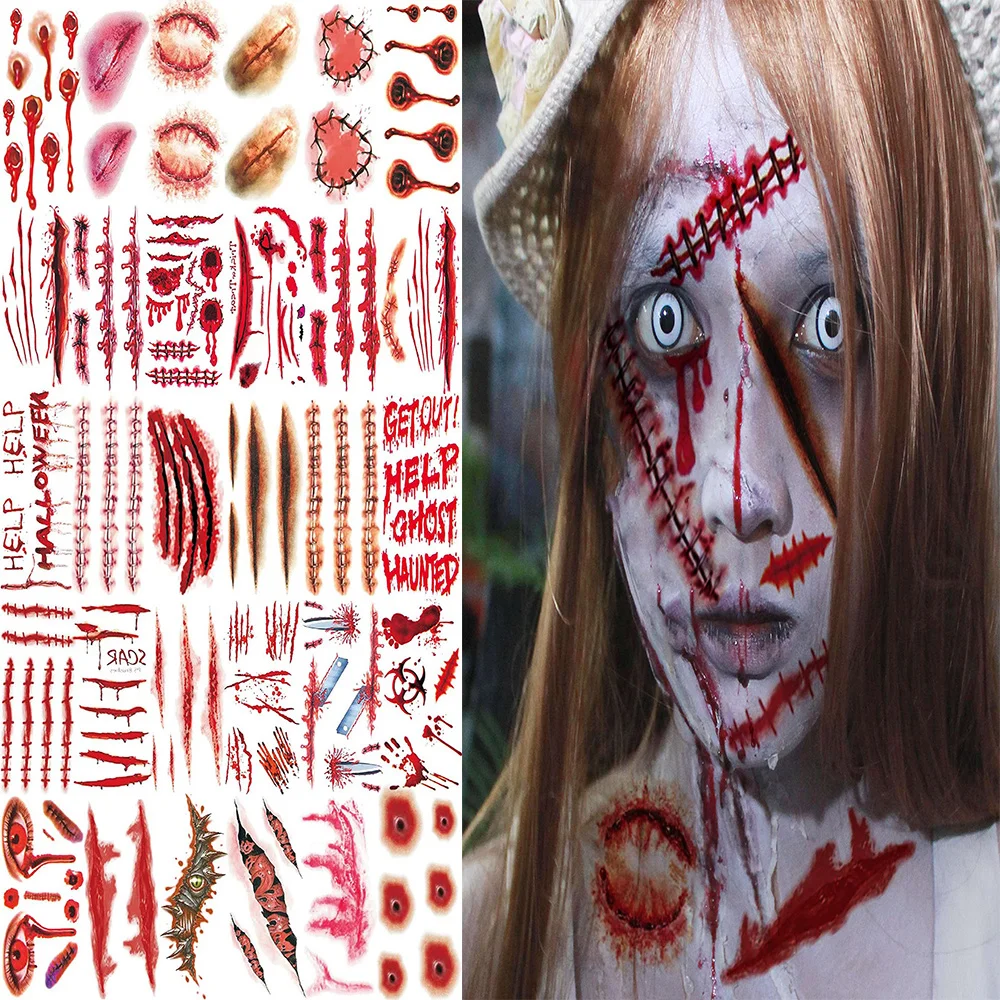 

30Pcs/Set Halloween Decoration 3D Fake Scars Tattoo Scary Face Wound Blood Chucky Scars Tattoos For Zombie Makeup Sticker