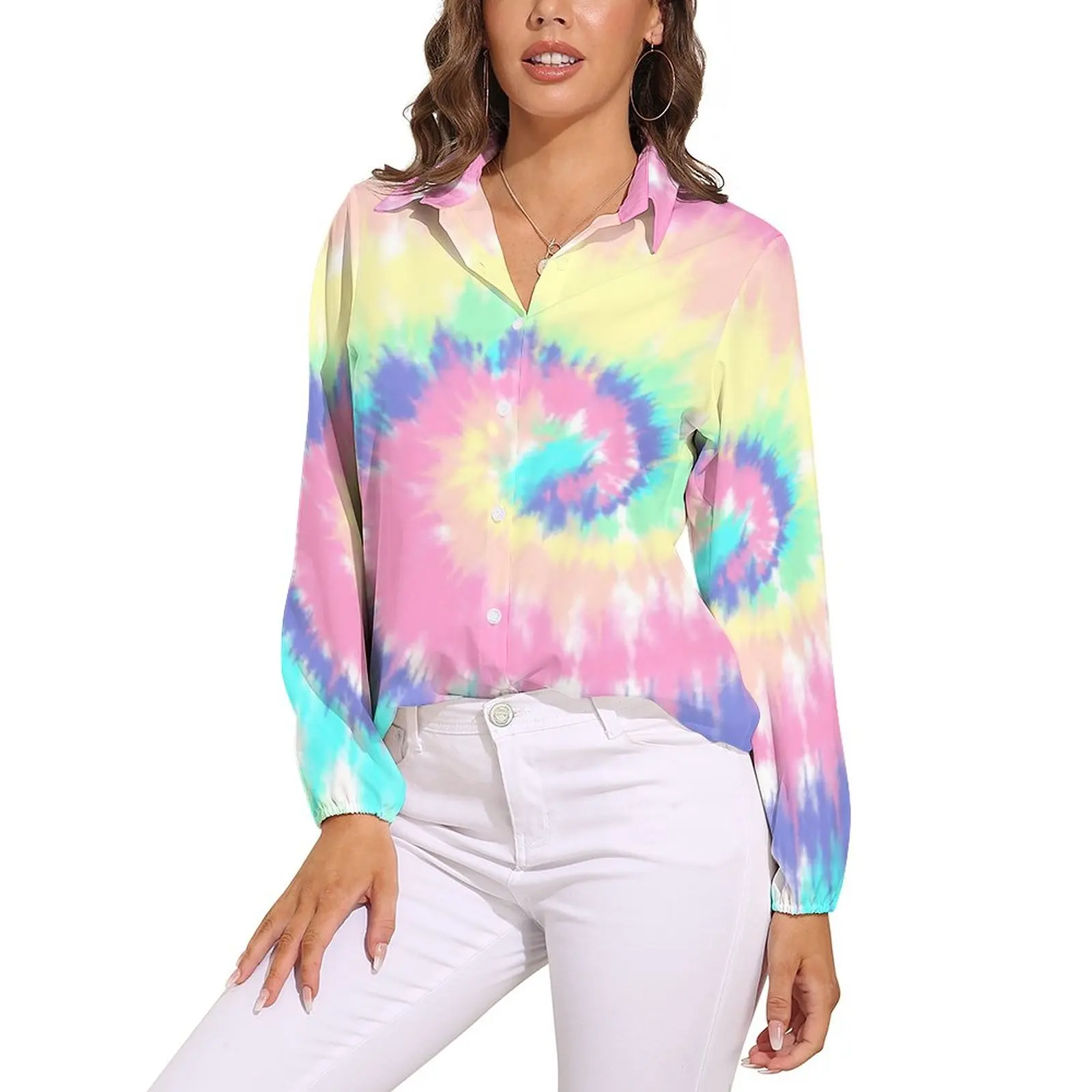 

Радужная блузка Tie Dye с длинным рукавом, яркий принт, Женская Повседневная рубашка большого размера, дизайнерские топы, идея для подарка