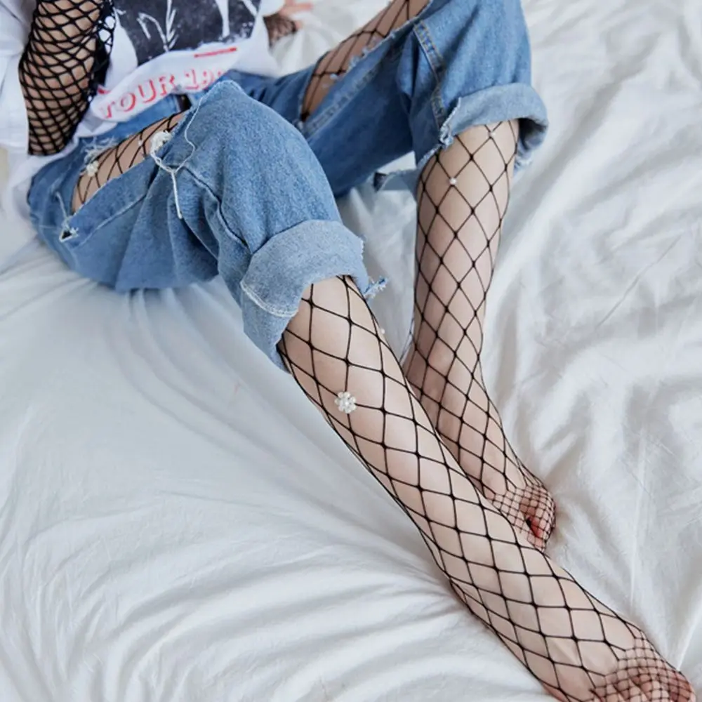 Сексуальные женские длинные чулки в сеточку с жемчужными цветами Женская сетка