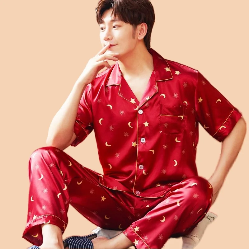 Men's Pajamas Set Short Sleeve T-shirt Long Pants 2Piece/Set Summer Sexy Dragon Print Rayon Pyjama Homewear Cozy PJS Big Size