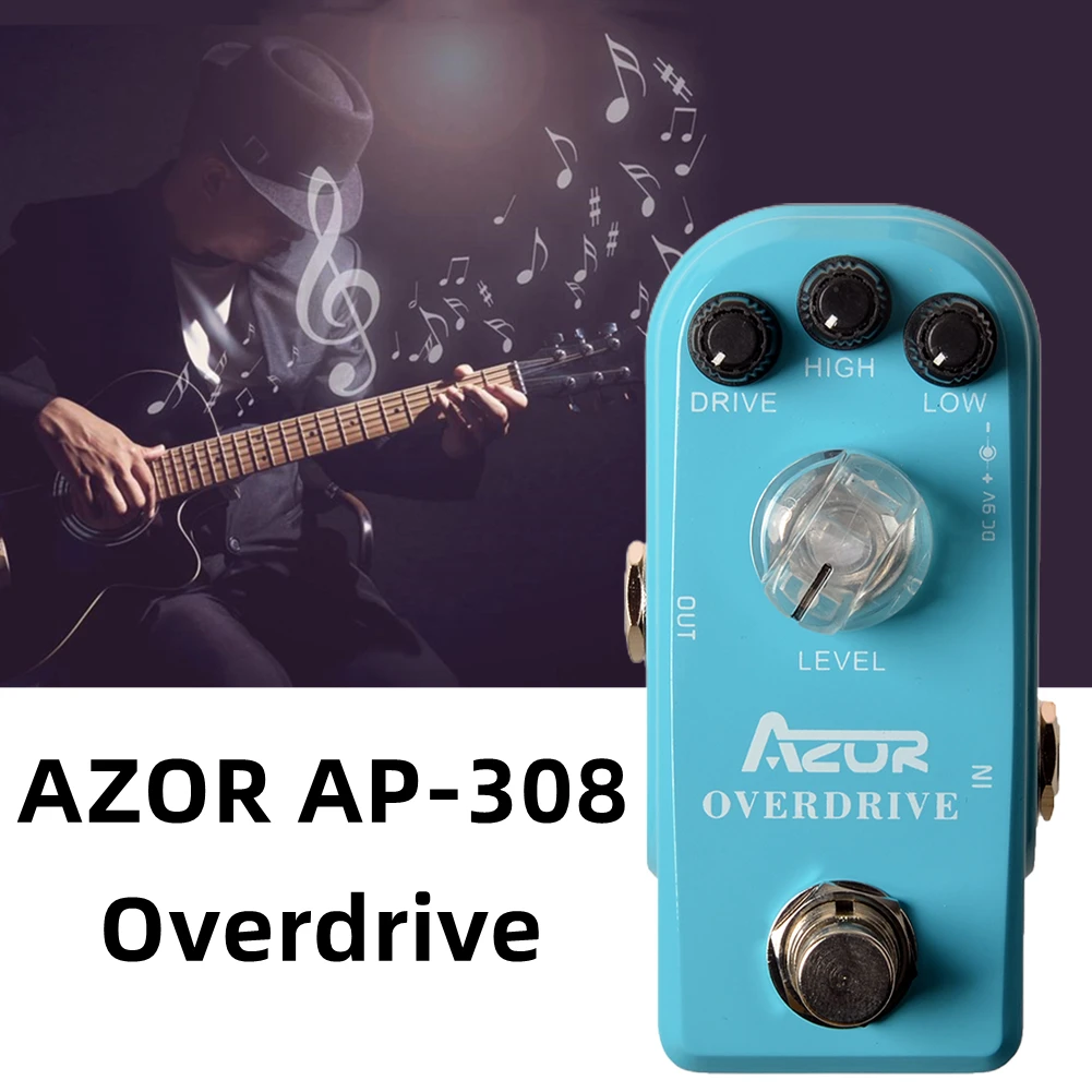 

AZOR AP-308 Overdrive Guitar Effect Pedal Blue Drive High Low Modes True Bypass Mini Style Classic Design 9V DC Adapter Light
