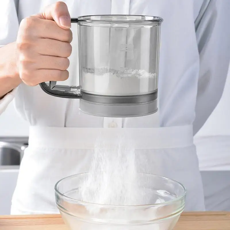 

Flour Sifter Transparent Automatic Handheld Professional Filter With Scale Double Layer Cover Baking Tool for Home Kitchen