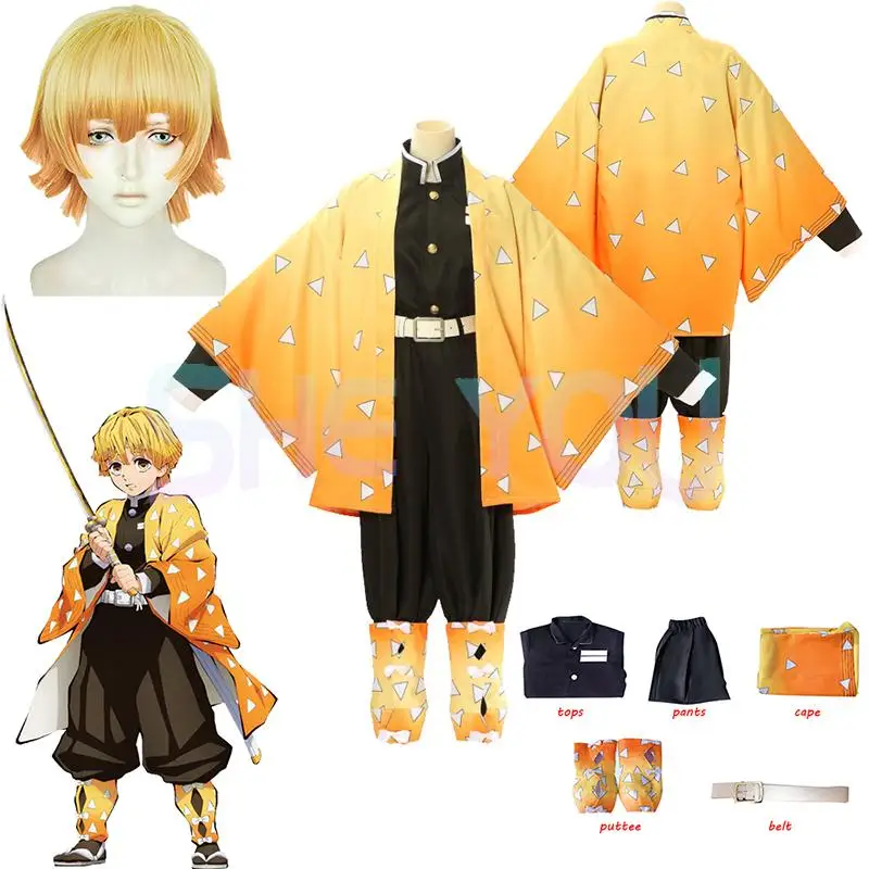 

Anime Demon Slayer Kimetsu no Yaiba Agatsuma Zenitsu Costume Women Men Kimono Uniform Halloween Party For Kids Adult. 's