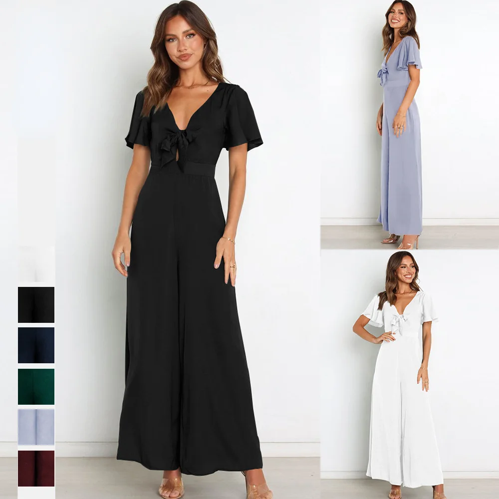 

2023 Hot sale Fashion plain color women's lotus leaf sleeves V-neck sexy tie up short sleeved jumpsuit wide leg pants