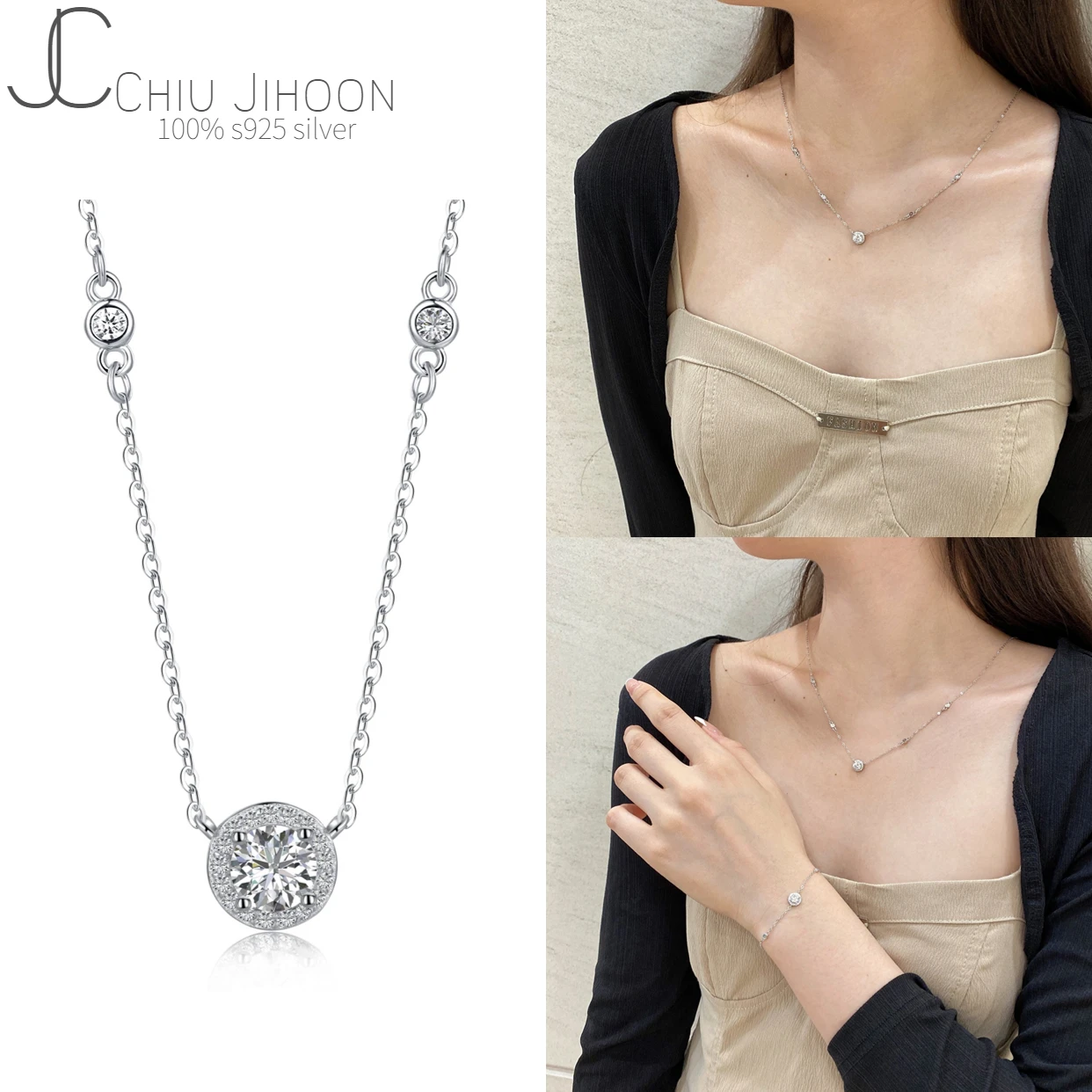 

925 Sterling Silver Round Circle Pendant Chain White Zircon Geometric Necklace For Women Fine Jewelry Engagement Gift Wholesale