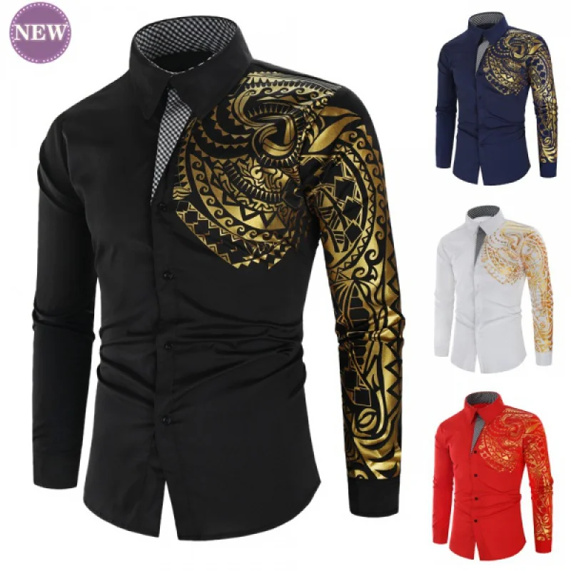 2022New Fashion Bronzing Printed Shirt Slim Lapel Men's Long Sleeve Shirt