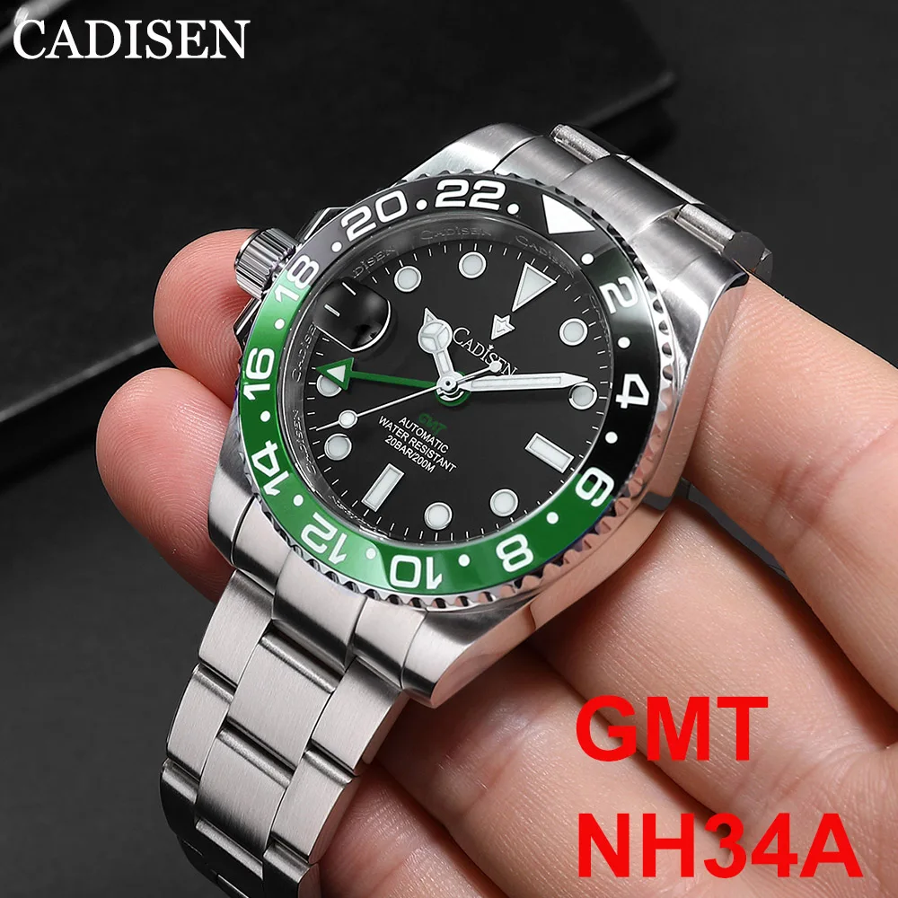 

2023 CADISEN New Business Left Crown Men Mechanical Wristwatches SEIKO NH34A 200M Waterproof Sapphire Glass GMT Watch for Men