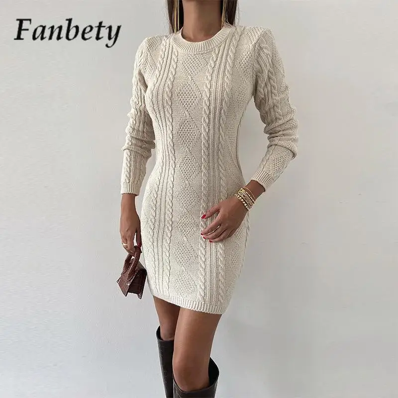 

Women Solid Color O-Neck Slim-Fit A-Word Mini Dress Autumn Fashion Long-Sleeved Office Dress Sexy Twist Knitted Commuter Dress