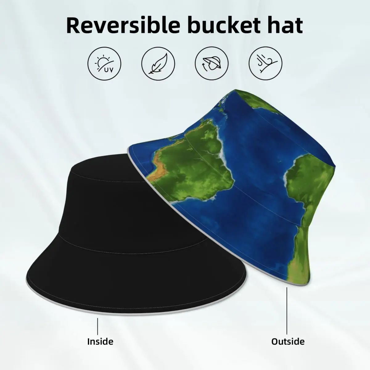 

Green Earth Map Bucket Hat Map of the World Fun Outdoor Fisherman Hats Double-sided Wear Unisex Reflective Sun Hat