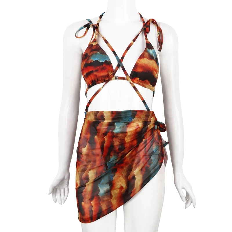 

Женский раздельный купальник, удобный модный купальный костюм из 3 предметов с принтом и узлом, пляжная одежда с пуш-ап и запахом, сборный ко...