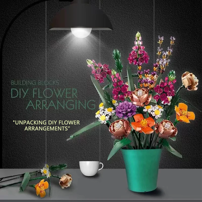 

Plant Bouquet Butterfly Orchid Immortal Flower Building Block With Vase Home Decoration Ornament Model Toy Children Girl Gift