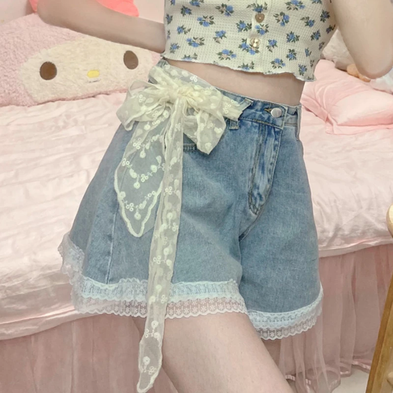 

Summer Kwaii Lolita Denim Shorts Teen Girls Sweet Lace Bow High Waist Wide Leg Jeans 2023 Women Korean Fashion Cute Short Pants
