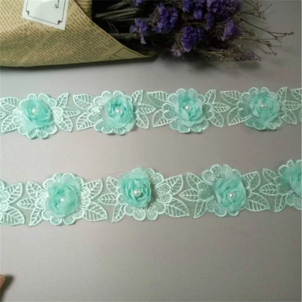 2-ярдовая растворимая зеленая роза с жемчугом и шифоном вышитая кружевная бейка