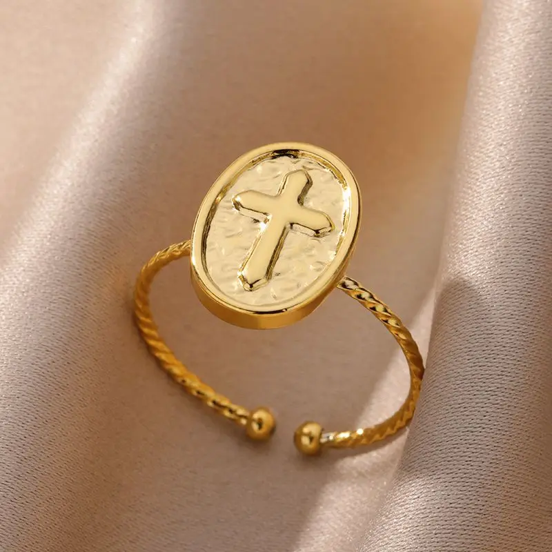 

Vintage Cross Rings for Women Stainless Steel Gold Plated Adjustable Ring New Luxury Design Wedding Jewelry Accessories anillos