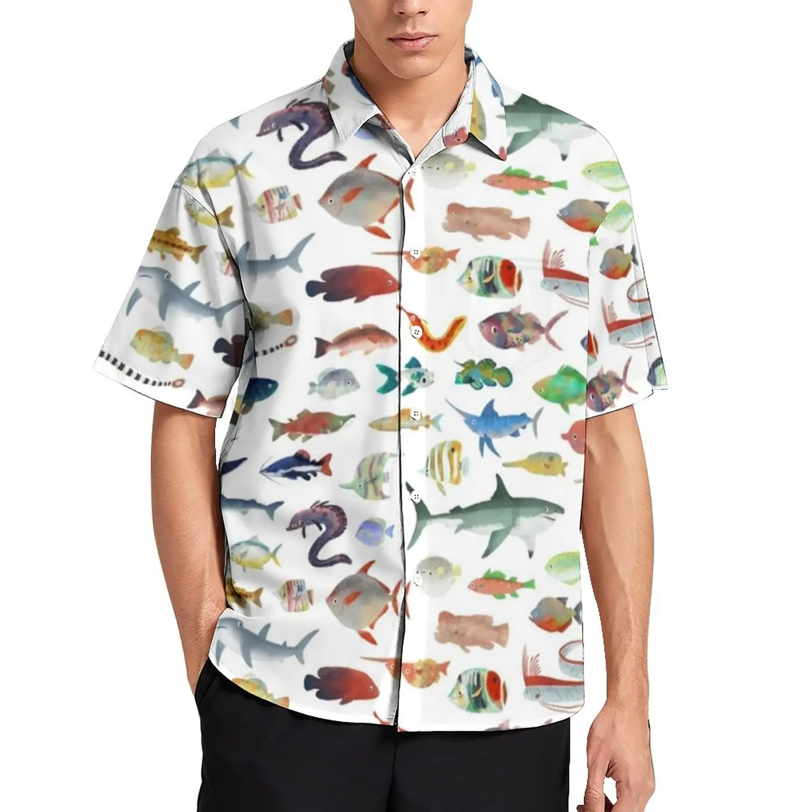 

Great White Shark Casual Shirts Ocean Life One Hundred Fish Print Vacation Shirt Hawaiian Y2K Blouses Men Print Big Size 3XL 4XL