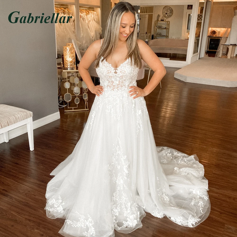 

Gabriellar Exquisite Bridal Wedding Dresses Spaghetti Straps Appliques V-neck Backless A-line Vestido De Noiva Custom Made