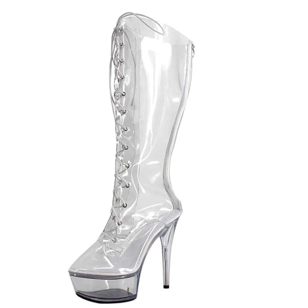 15CM High Heel Transparent Clear Platform Cross-tied Zipper Booties Pole Dance Party Stripper Ladies Shoes