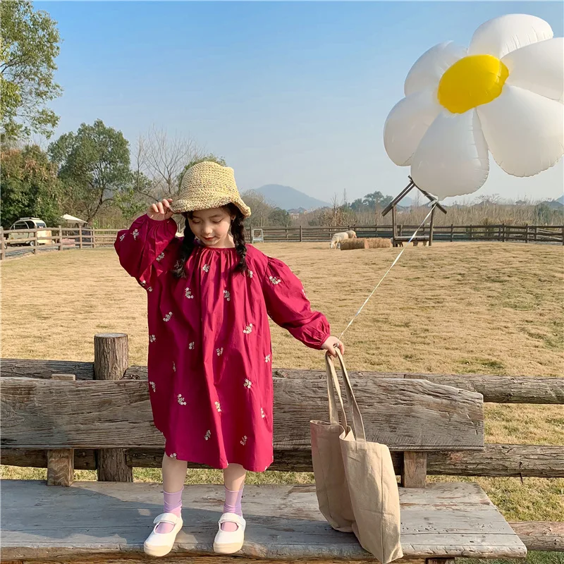 

Spring cute kids floral embroidery dresses Girls long sleeve loose casual dress