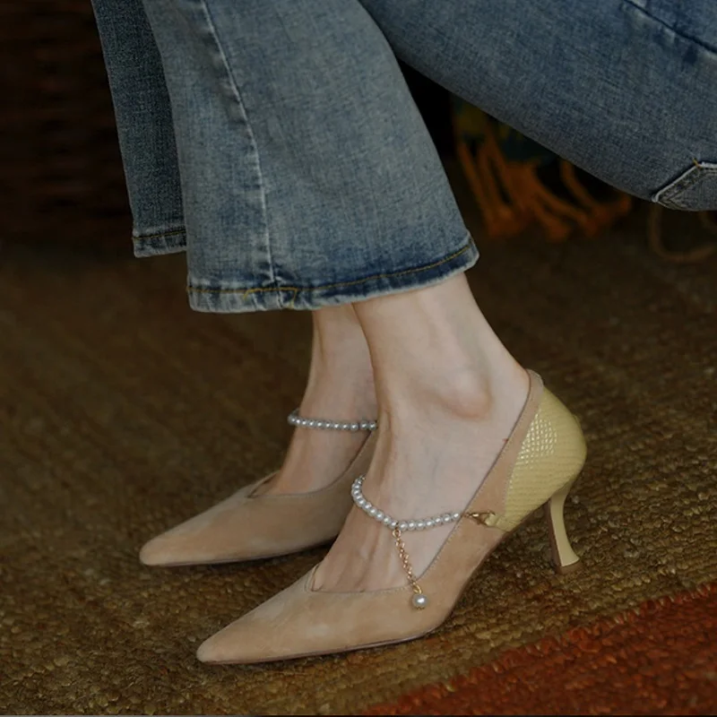 

Туфли-лодочки женские с жемчугом, элегантные, заостренный носок, высокий каблук, винтажные, без застежки, во французском стиле, весна-осень