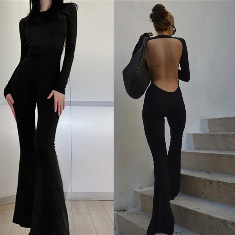 

MXMA Sexy Halter Backless Bodycon Jumpsuit for Women Solid Color Black Bell Bottom Flared Pants Autumn Casual Slim Playsuits