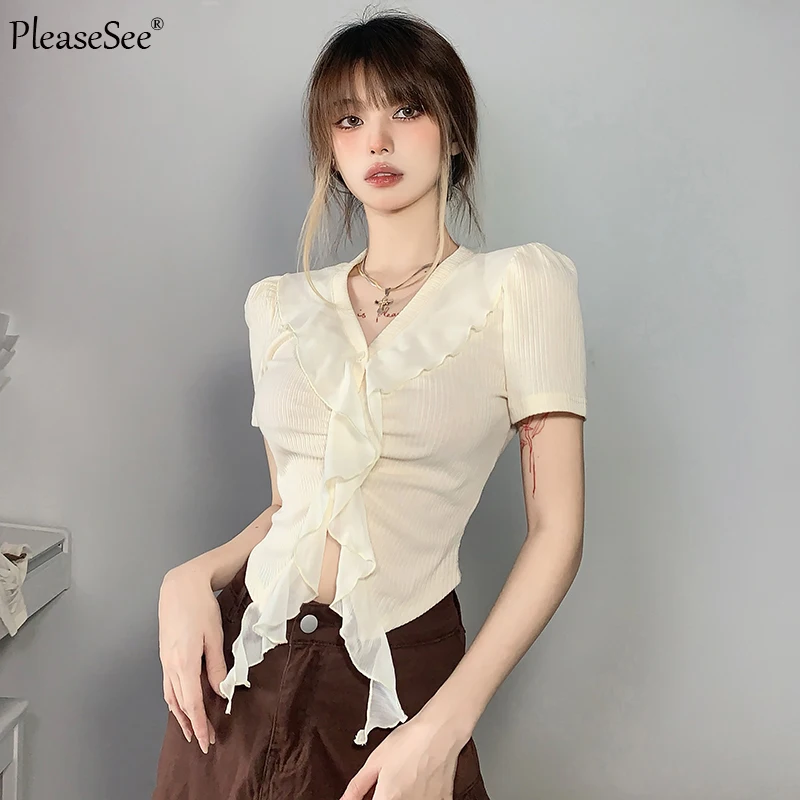 Шифоновый укороченный женский топ с рюшами в стиле пэчворк на пуговицах |