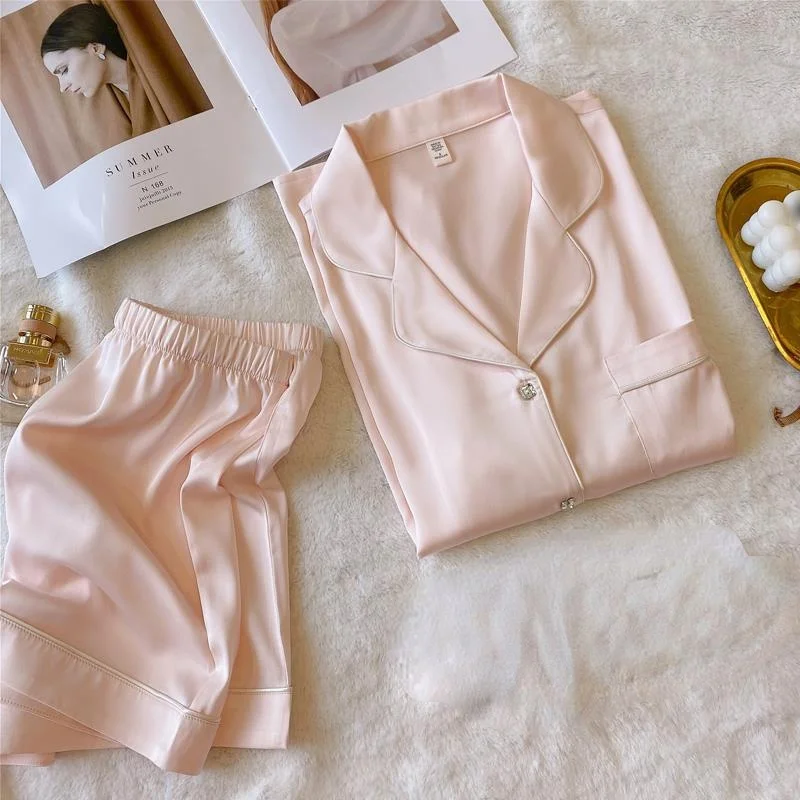 QWEEK Silk Pajamas for Women Two Piece Set Summer Satin Pyjamamas Square Diamond Buttons Solid Color Pijamas Sleepwear Nightwear