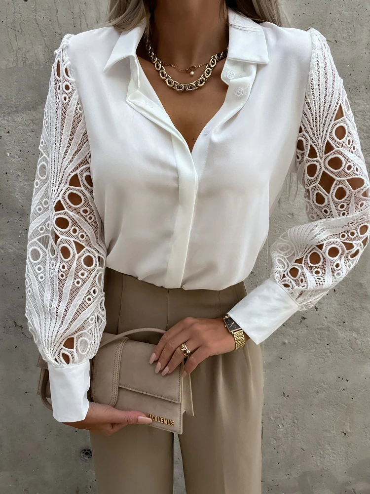 

Women Elegant Hollow Out Shirts Spring Long Sleeve Office Lady Blouses Sexy Embroidery Solid White Black Blusa Fashion Clothes