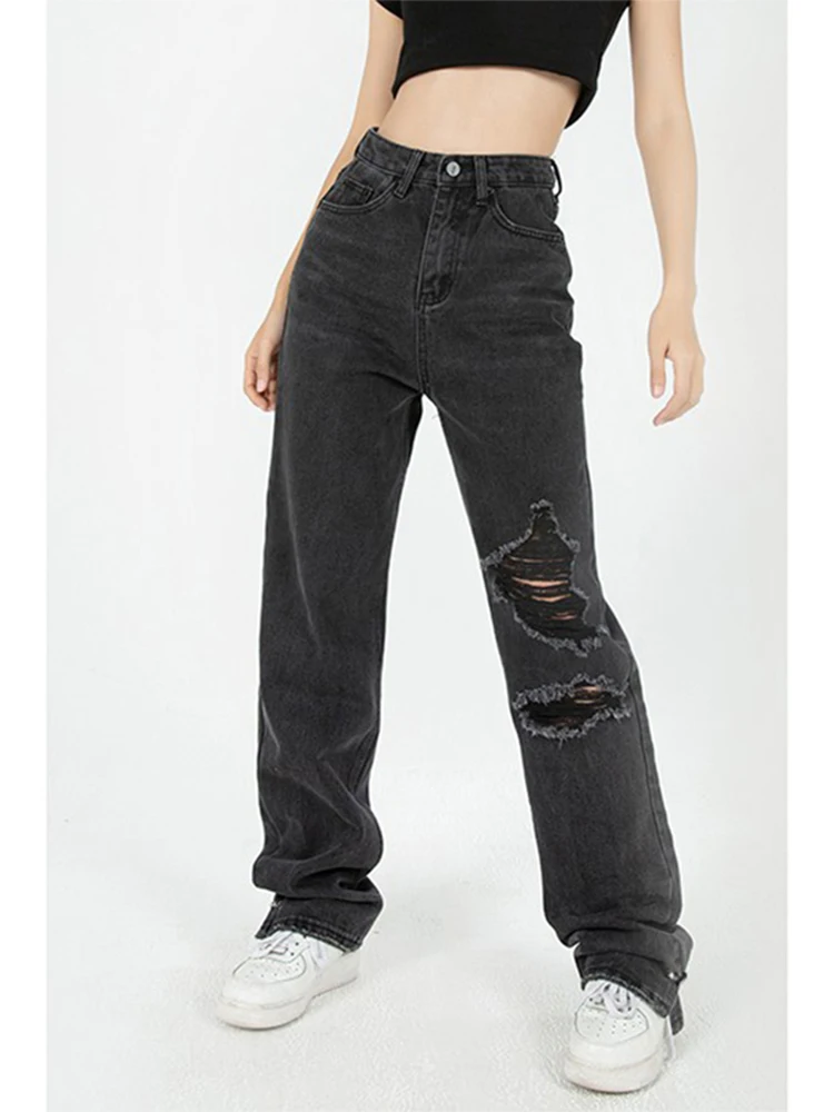 

Джинсы женские рваные с широкими штанинами, винтажные свободные брюки из денима с завышенной талией, Повседневная Уличная одежда в стиле Ха...