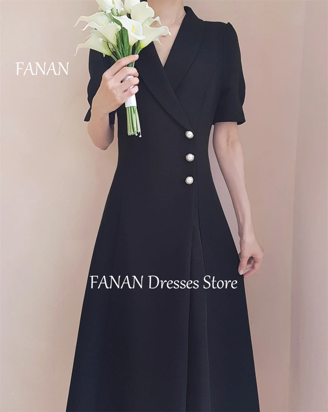 Фото FANAN с v-образным вырезом и короткими рукавами, простые вечерние платья, винтажные корейские черные свадебные женские платья, платья для выпускного вечера по индивидуальному заказу №5