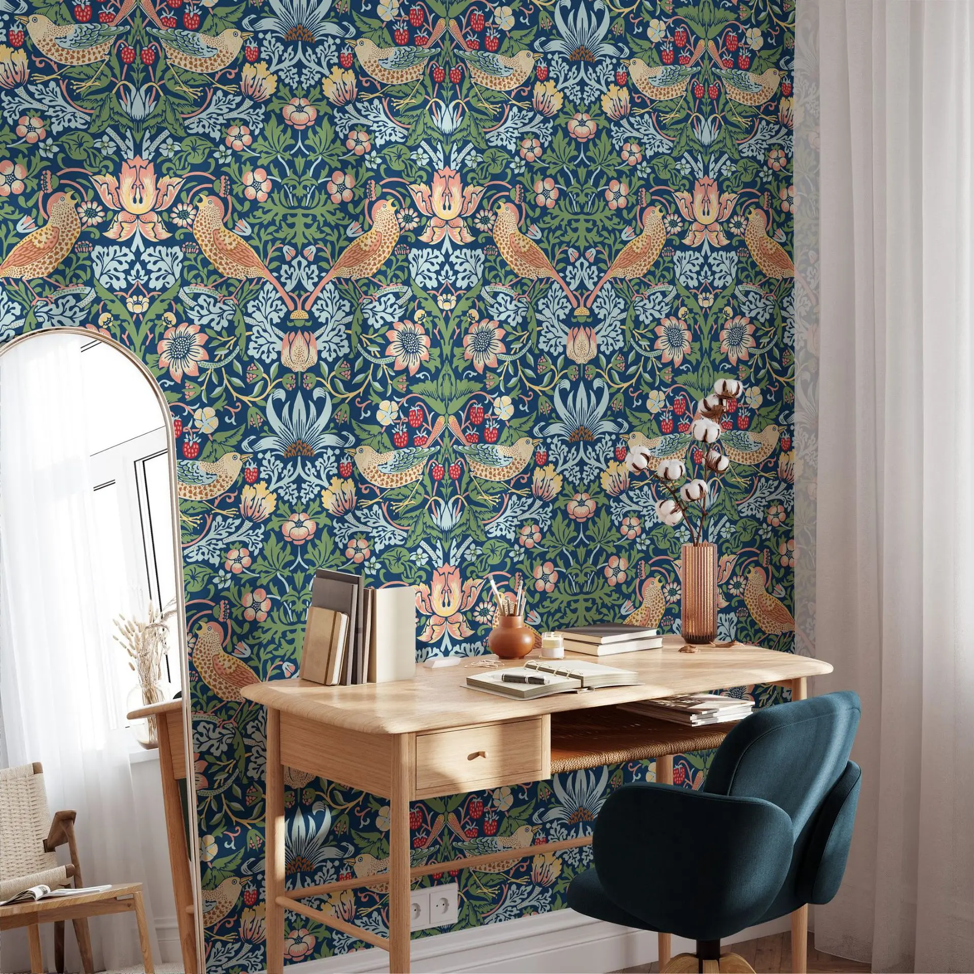 Виниловые самоклеящиеся ботанические обои с птицами для декора шкафа спальни