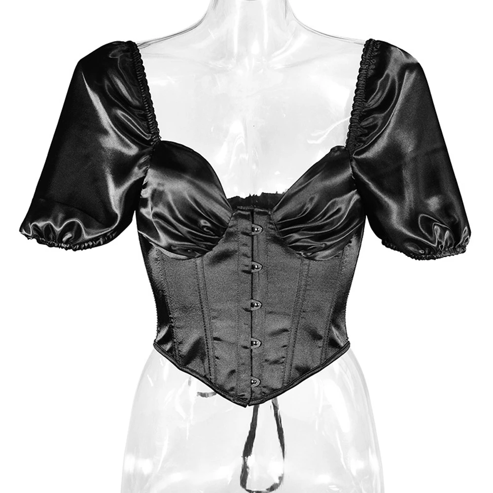 

Sexy Womens French Style Satin Crop Tops Short Sleeve Bustier Slimming Shapewear Waist Training Corset Tops Corset Shirt