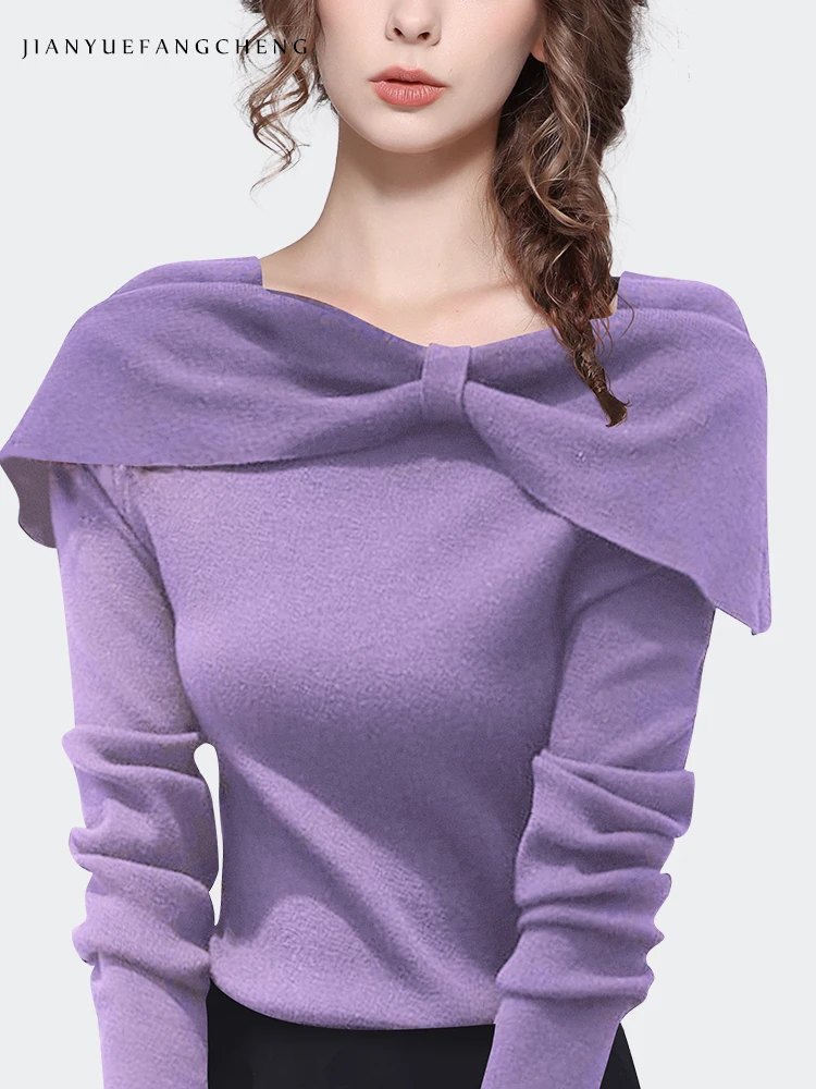 Милый женский свитер с воротником-лодочкой и бантом пикантные обтягивающие