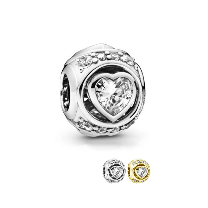 

925 Sterling Silver Bead Sparkling Diamonds Noble Heart Dangle Charm Fit Original Pandora Bracelet Women DIY Jewelry Gift