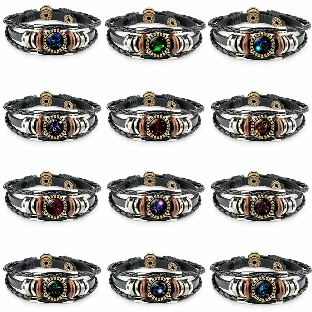 Женские кожаные браслеты 12 созвездий многослойные ручной работы в стиле панк с