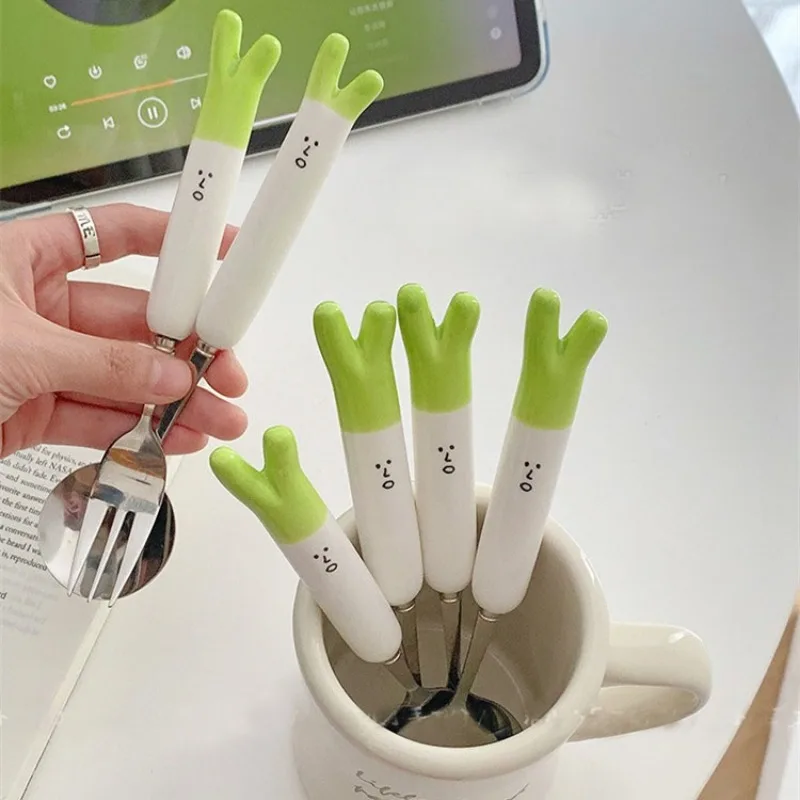 Kawaii Scallion Shape Stainless Steel Fork Spoon Ceramic Handle Kitchen Dinnerware Tableware Silverware Lunch Bento Accessories