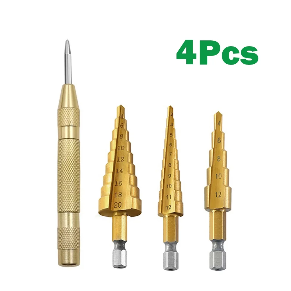 4 Pcs HSS Step Drill Bit Center Punch Set Titanium Coated Drill Bit For Wood Plastic Metal Hole Opening Power Drills Accessories