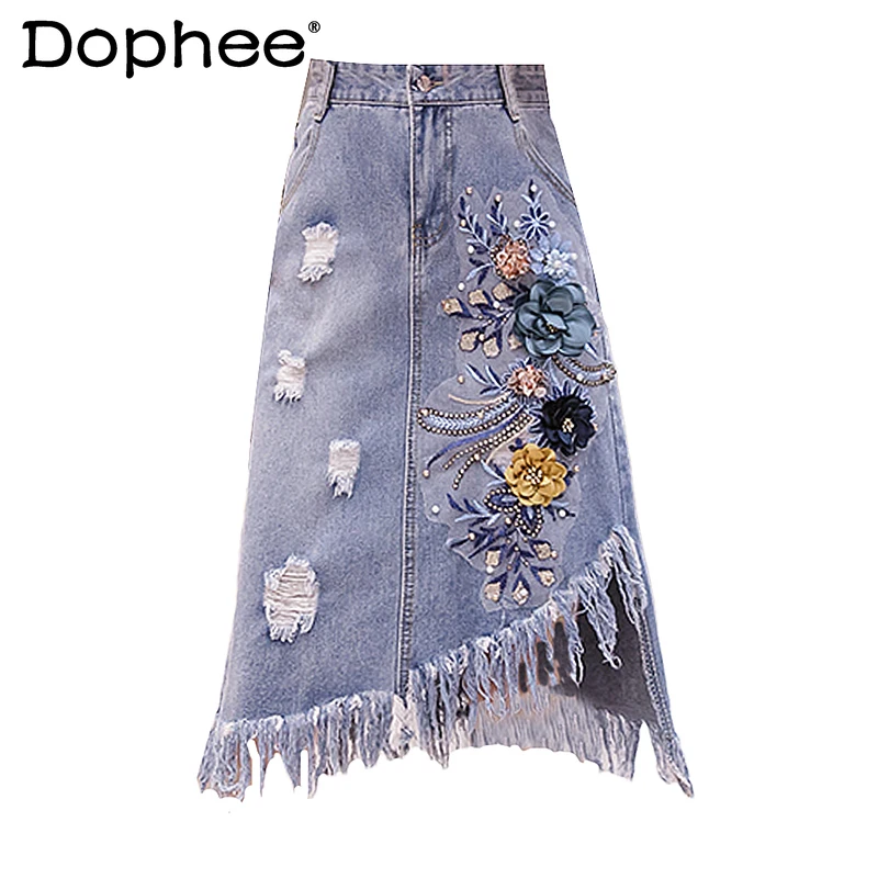 

Sweet Three-Dimensional Flower Tassel Irregular Ripped Denim Skirt for Women 2022 Spring New High Waist Midi A- Line Hip Skirt