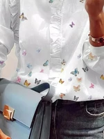 fashion lady white work wear tee shirts 2022 summer tops butterfly print v neck long sleeves casual blouse