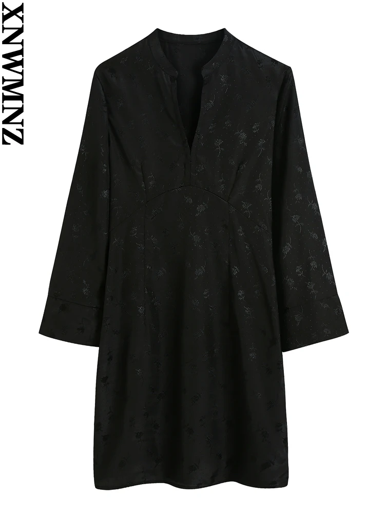 

XNWMNZ 2022 женское модное цветочное жаккардовое мини-платье с открытым воротником и длинным рукавом Slim Fit женские шикарные платья