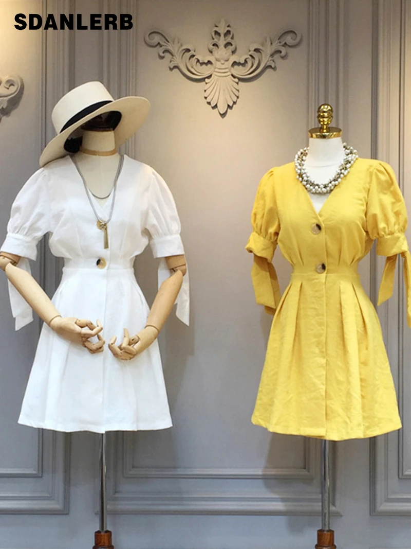 

Summer Retro Design 2022 V-neck Mid-Sleeve Fashion Shirt Dress A- Line Mid-length Dress Women's All-Match High Waist Dress