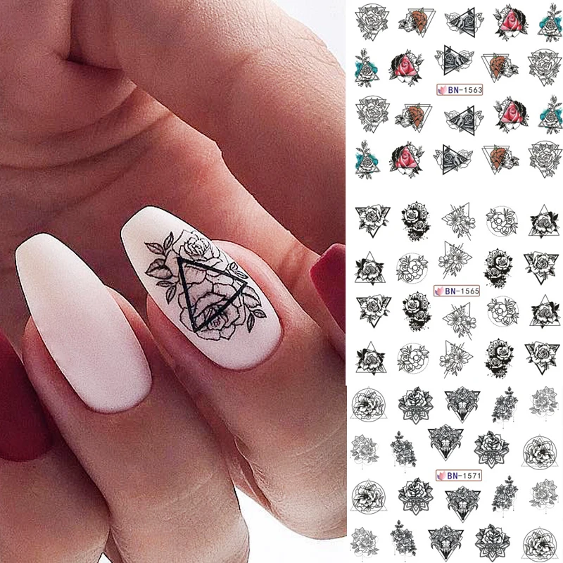12pcs Geometric Flower Slider Nail Sticker Rose Flower Water Transfer Decals Triangle Nail Art Tattoo Decorations