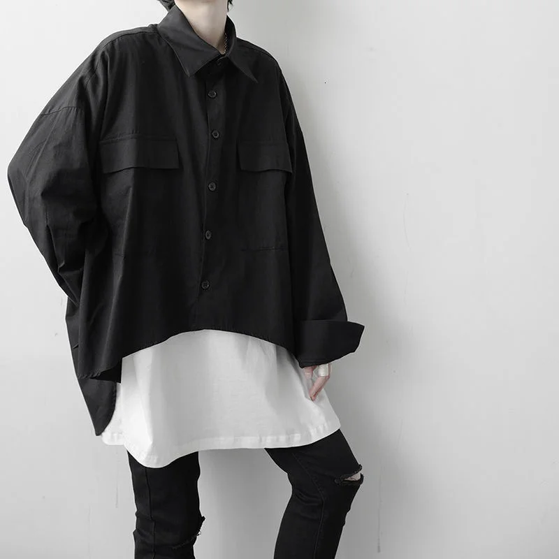 Мужская свободная рубашка с длинным рукавом повседневная однотонная черная