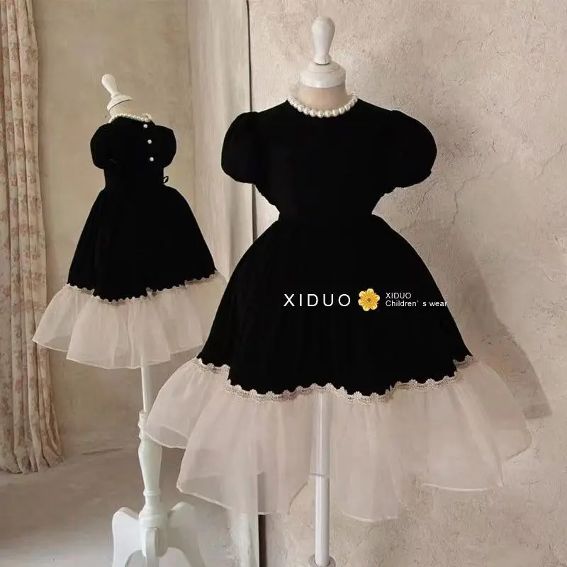 

Korean Childrens Clothing Girls 2023 Summer New High Grade Feel Hepburn Mesh Ruffle Large Skirt Black Princess Dress Kids