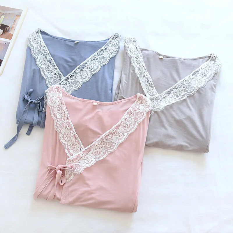 Modal Kimono Nursing Clothes Set Lace V Neck Zipper Spring Summer Thin Long Sleeve Trouser Breast-feeding Pregnant Woman Pajamas
